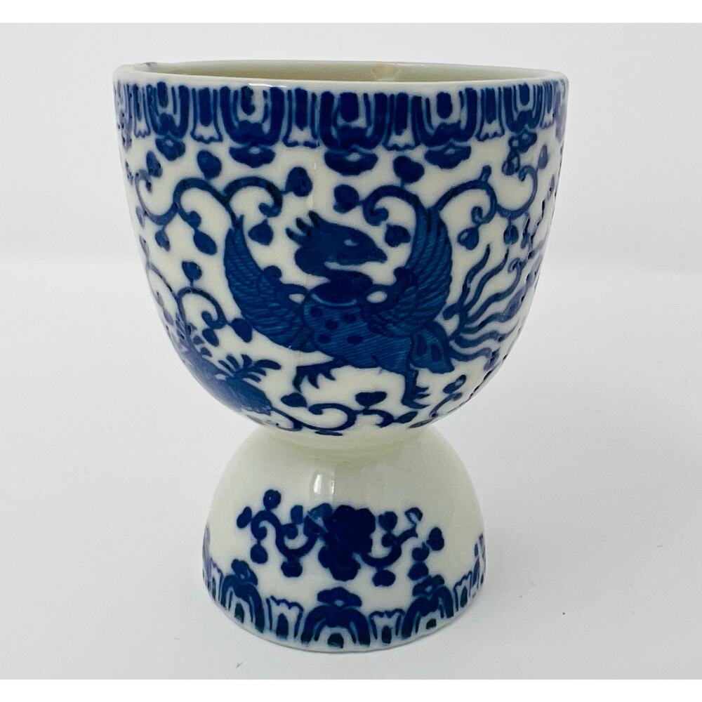 Japanese Noritake Chinoiserie Phoenix Blue Bird Double Egg Cup Cobalt Blue